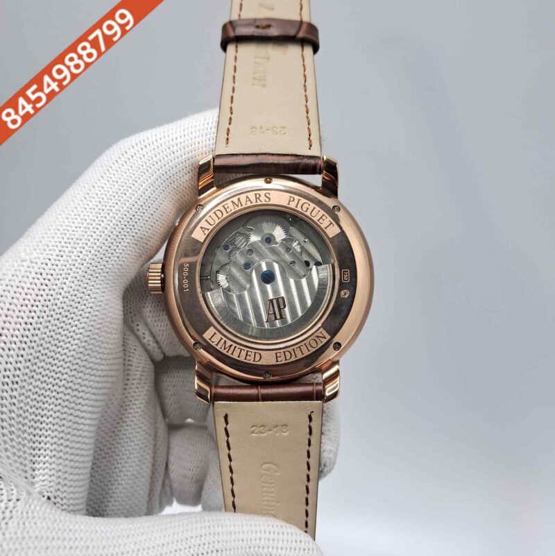 Audemars Piguet Jules Dual Time Power Resrve Rose Gold White Dial Brown Leather Swiss Automatic Watch - Image 4