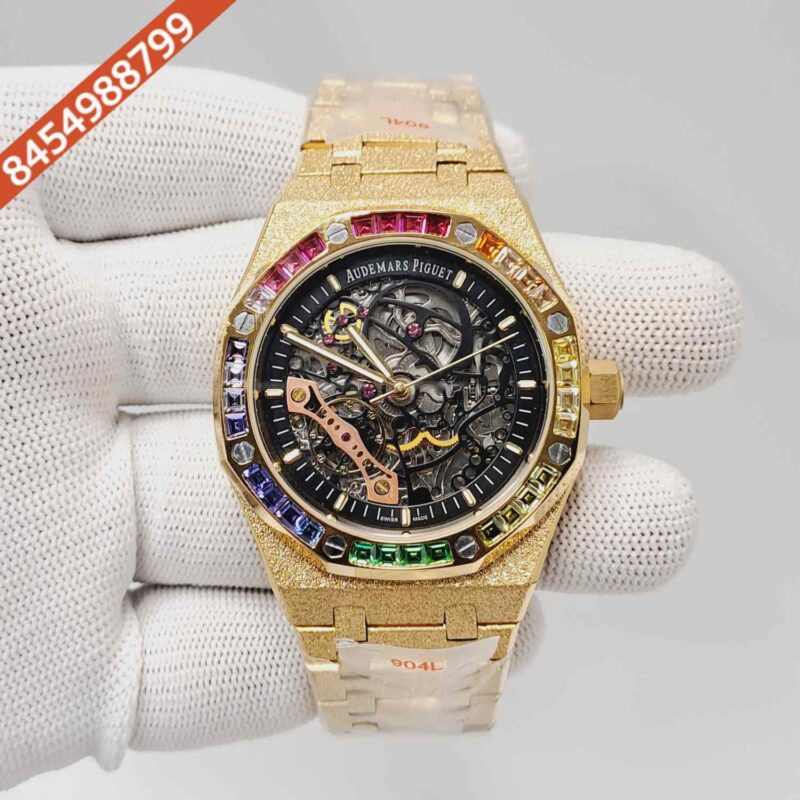 Audemars Piguet Royal Oak Full Golden Black Skeleton Dial Dimond Bezel Swiss Automatic Watch