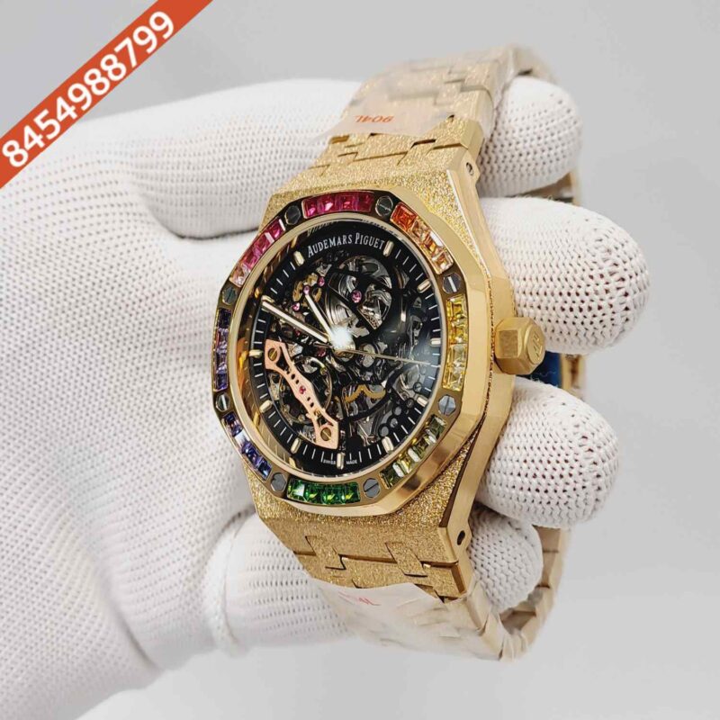 Audemars Piguet Royal Oak Full Golden Black Skeleton Dial Dimond Bezel Swiss Automatic Watch - Image 2