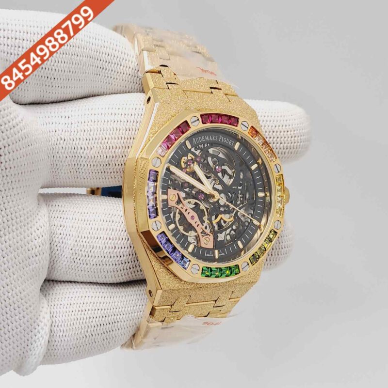 Audemars Piguet Royal Oak Full Golden Black Skeleton Dial Dimond Bezel Swiss Automatic Watch - Image 3
