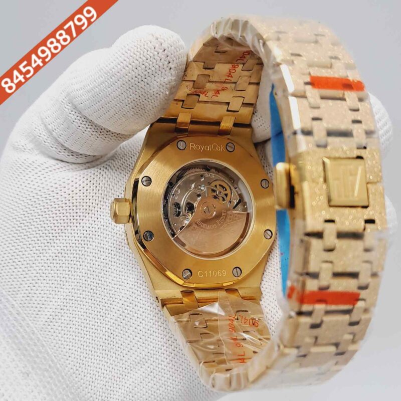 Audemars Piguet Royal Oak Full Golden Black Skeleton Dial Dimond Bezel Swiss Automatic Watch - Image 4