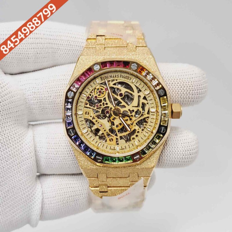 Audemars Piguet Royal Oak Full Golden Skeleton Dial Dimond Bezel Swiss Automatic Watch