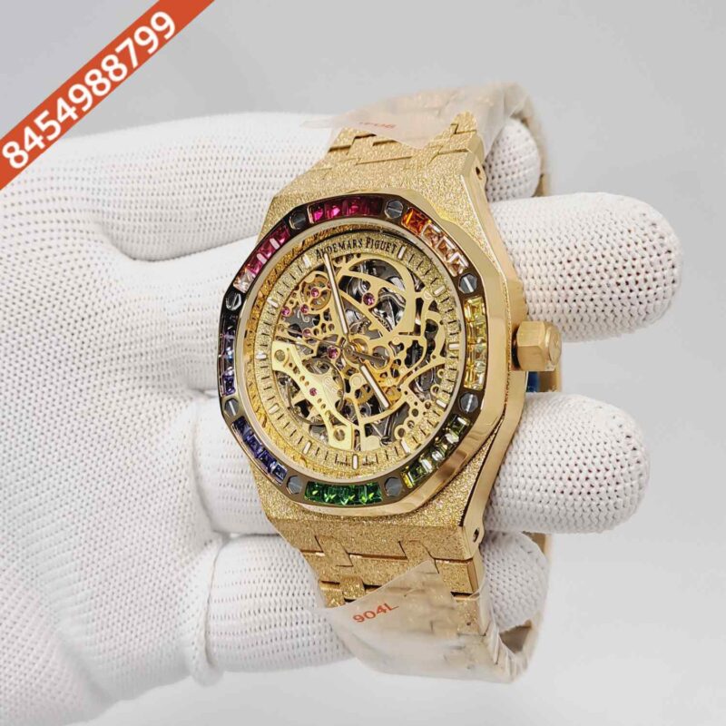 Audemars Piguet Royal Oak Full Golden Skeleton Dial Dimond Bezel Swiss Automatic Watch - Image 2