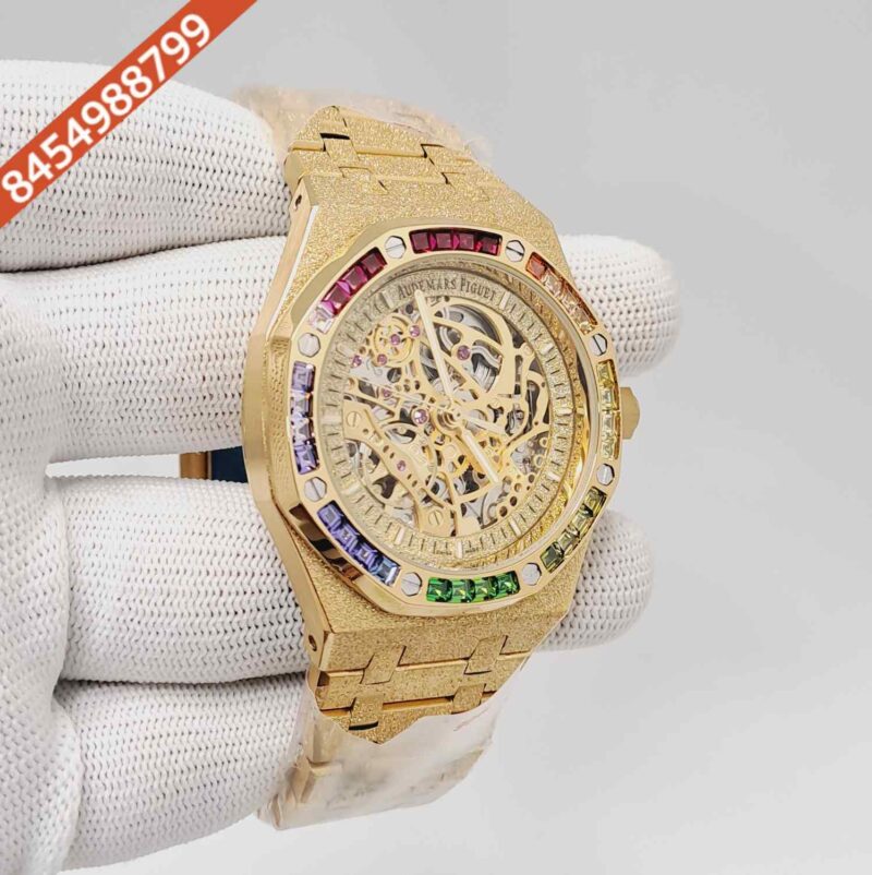 Audemars Piguet Royal Oak Full Golden Skeleton Dial Dimond Bezel Swiss Automatic Watch - Image 3