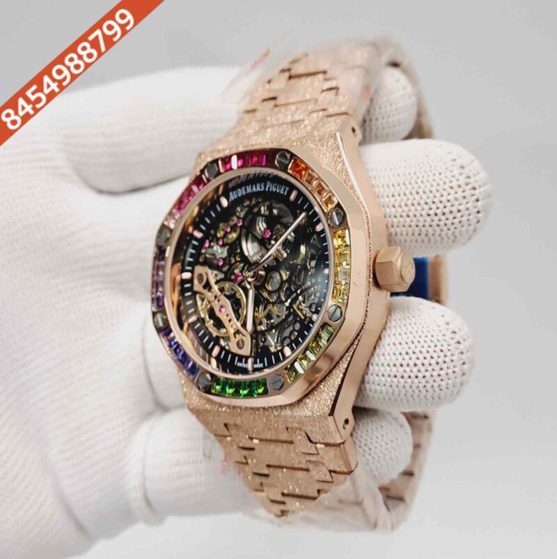 Audemars Piguet Royal Oak Full Rose Gold Black Skeleton Dial Dimond Bezel Swiss Automatic Watch - Image 2