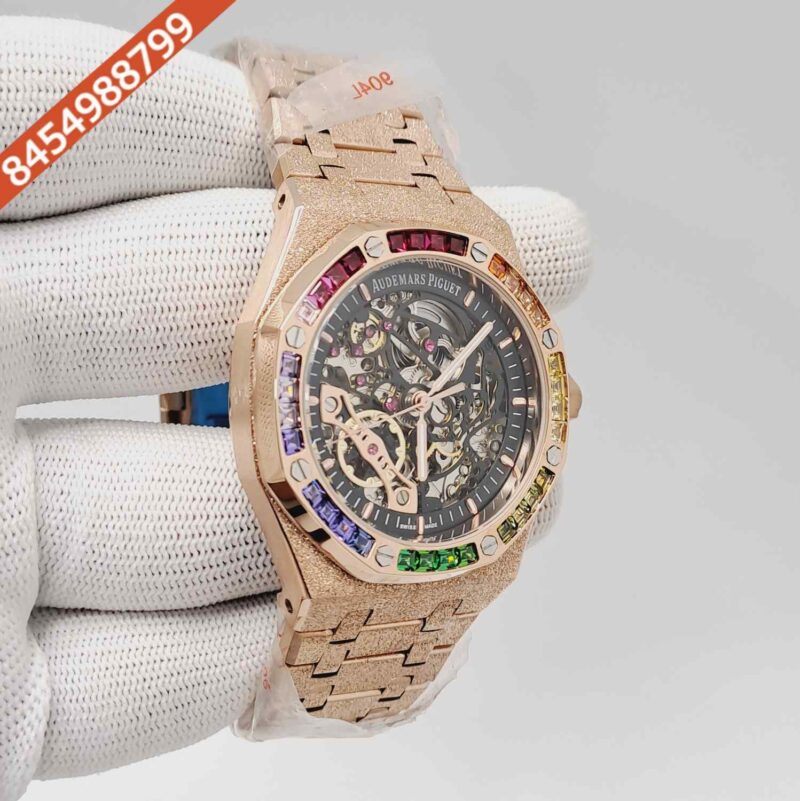 Audemars Piguet Royal Oak Full Rose Gold Black Skeleton Dial Dimond Bezel Swiss Automatic Watch - Image 3