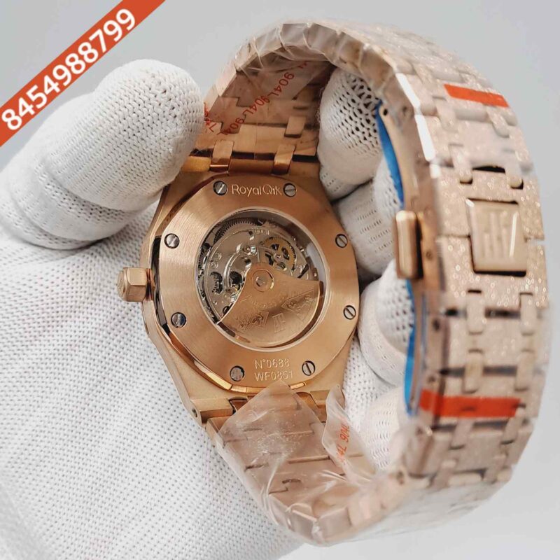 Audemars Piguet Royal Oak Full Rose Gold Black Skeleton Dial Dimond Bezel Swiss Automatic Watch - Image 4