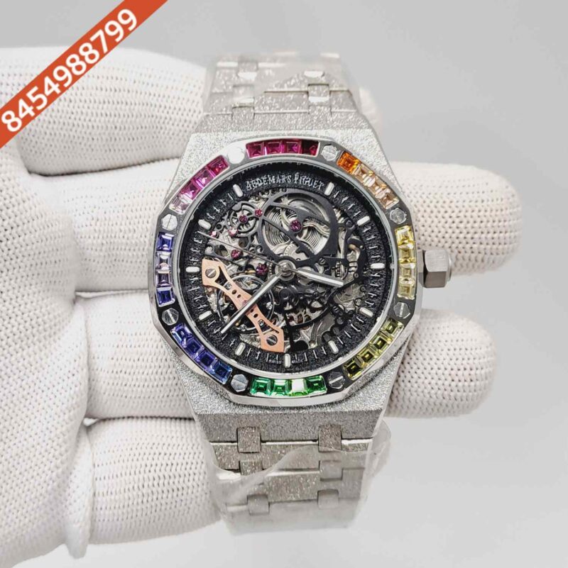 Audemars Piguet Royal Oak Full Silver Black Skeleton Dial Dimond Bezel Swiss Automatic Watch