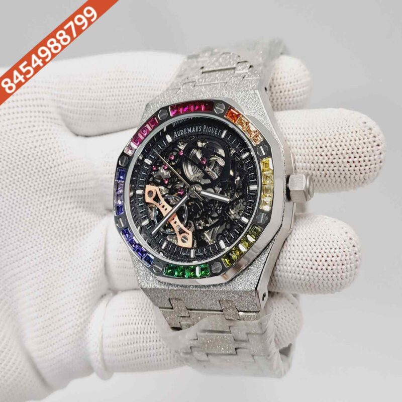 Audemars Piguet Royal Oak Full Silver Black Skeleton Dial Dimond Bezel Swiss Automatic Watch - Image 2