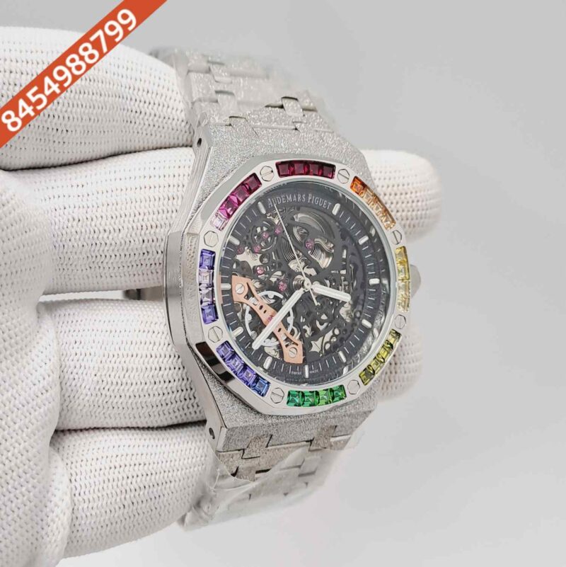 Audemars Piguet Royal Oak Full Silver Black Skeleton Dial Dimond Bezel Swiss Automatic Watch - Image 3