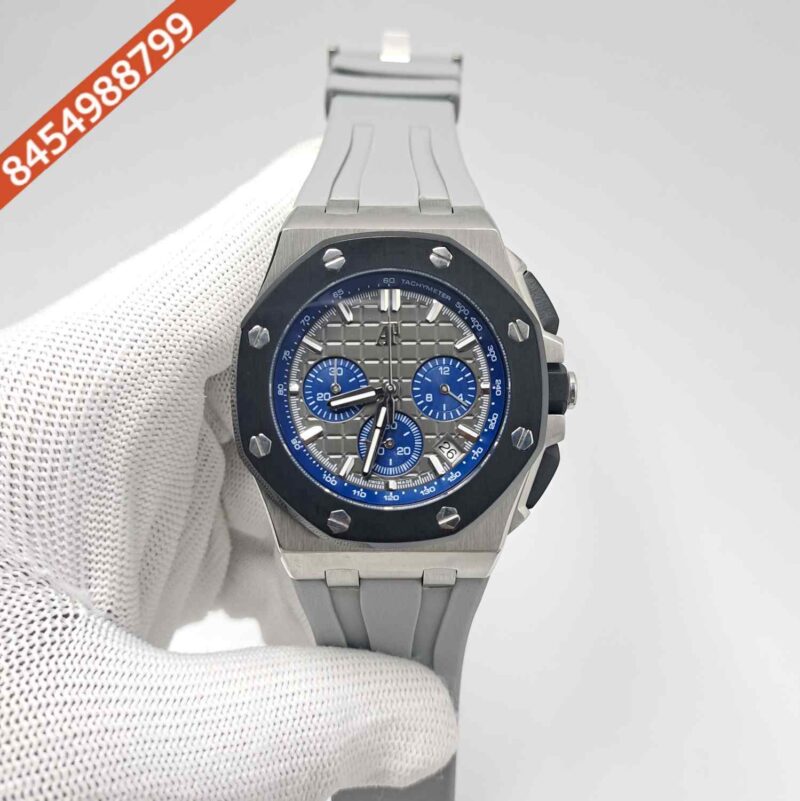 Audemars Piguet Royal Oak Offshore Blue Chronograph Silver Grey Dial Grey Rubber Strap Swiss Watch