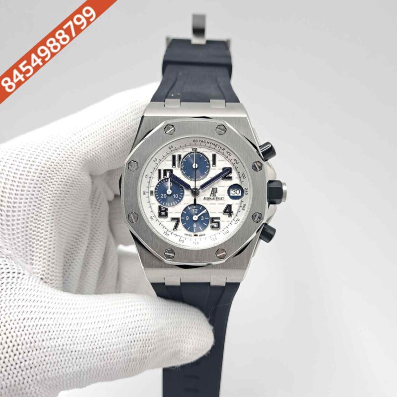 Audemars Piguet Royal Oak Offshore Blue Chronograph Silver White Dial Black Rubber Strap Swiss Watch