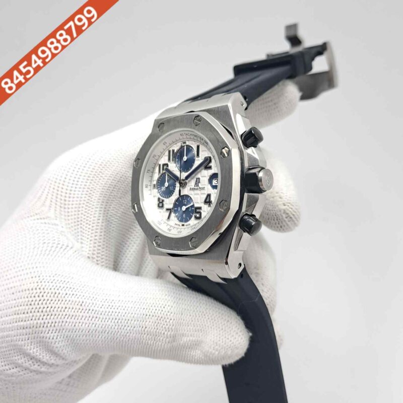 Audemars Piguet Royal Oak Offshore Blue Chronograph Silver White Dial Black Rubber Strap Swiss Watch - Image 2