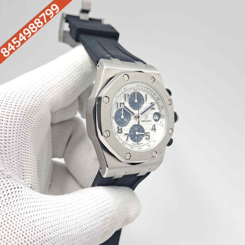 Audemars Piguet Royal Oak Offshore Blue Chronograph Silver White Dial Black Rubber Strap Swiss Watch - Image 3