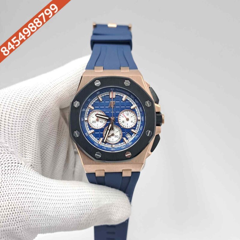 Audemars Piguet Royal Oak Offshore Chronograph Rose Gold Blue Dial Blue Rubber Strap Swiss Watch