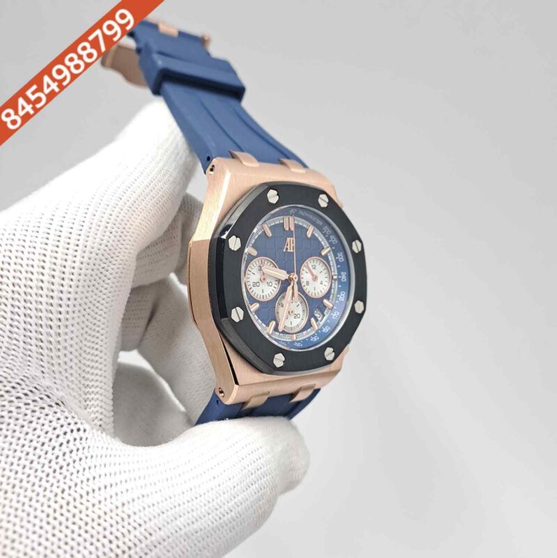 Audemars Piguet Royal Oak Offshore Chronograph Rose Gold Blue Dial Blue Rubber Strap Swiss Watch - Image 3