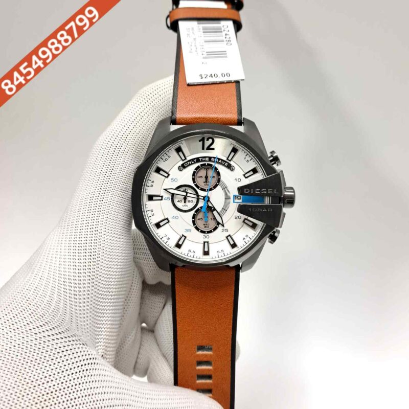 Diesel Mega Cheif Chronograph White Dial Brown Leather Strap Swiss Quartz Watch