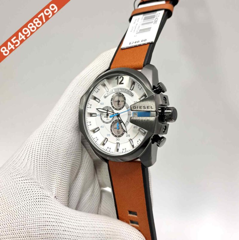 Diesel Mega Cheif Chronograph White Dial Brown Leather Strap Swiss Quartz Watch - Image 2