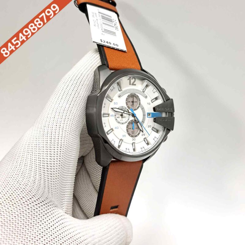 Diesel Mega Cheif Chronograph White Dial Brown Leather Strap Swiss Quartz Watch - Image 3