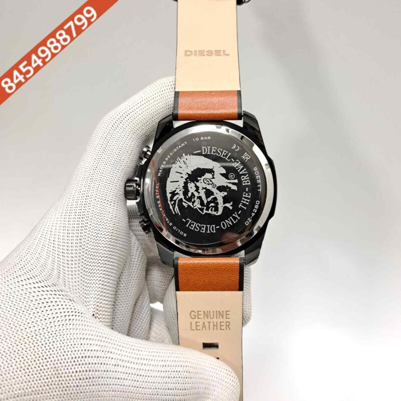Diesel Mega Cheif Chronograph White Dial Brown Leather Strap Swiss Quartz Watch - Image 4