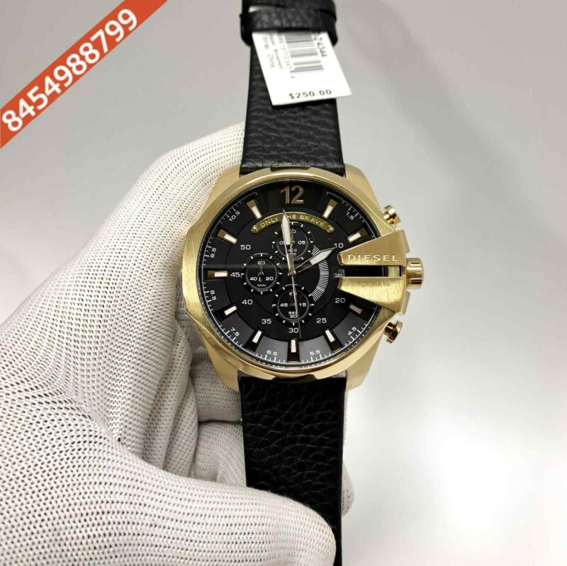 Diesel Mega Chief Chronograph  Black Dial Leather Strap Swiss Quartz Watch