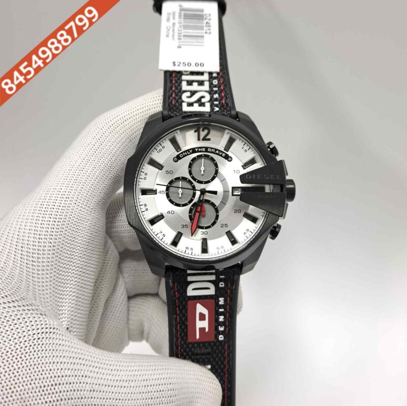 Diesel Mega Chief Chronograph Silver Dial Black Leather Strap Swiss Quartz Watch