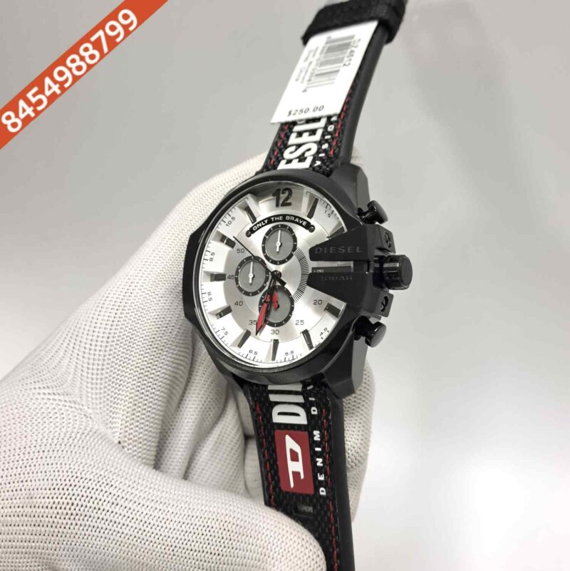 Diesel Mega Chief Chronograph Silver Dial Black Leather Strap Swiss Quartz Watch - Image 2