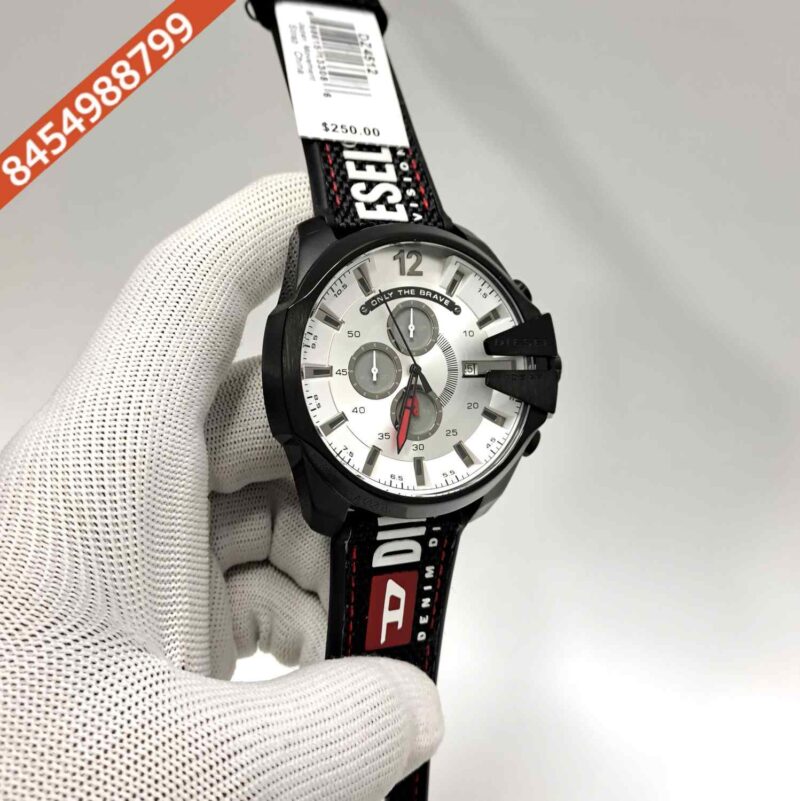 Diesel Mega Chief Chronograph Silver Dial Black Leather Strap Swiss Quartz Watch - Image 3