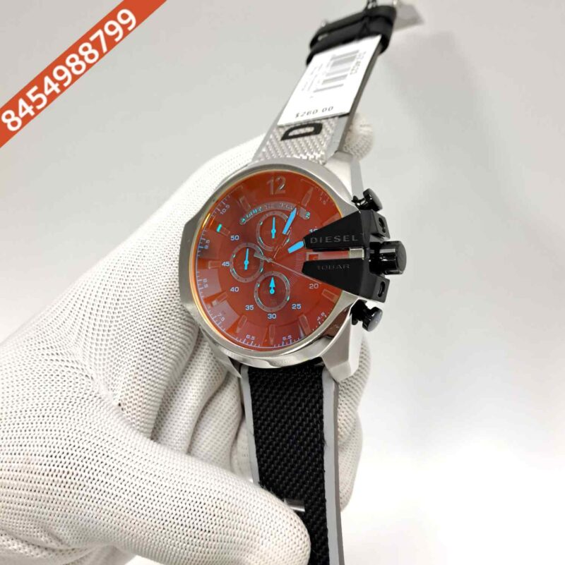 Diesel Mega Chief Steel Black Dial Black Leather Strap Swiss Quartz Watch - Image 2