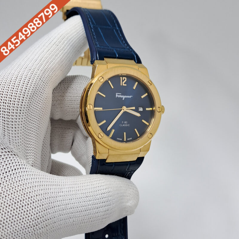 Ferragamo F-80 Classic Gold Blue Dial Blue Leather Swiss Watch - Image 3