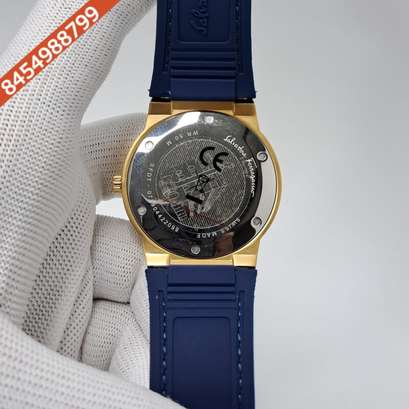 Ferragamo F-80 Classic Gold Blue Dial Blue Leather Swiss Watch - Image 4