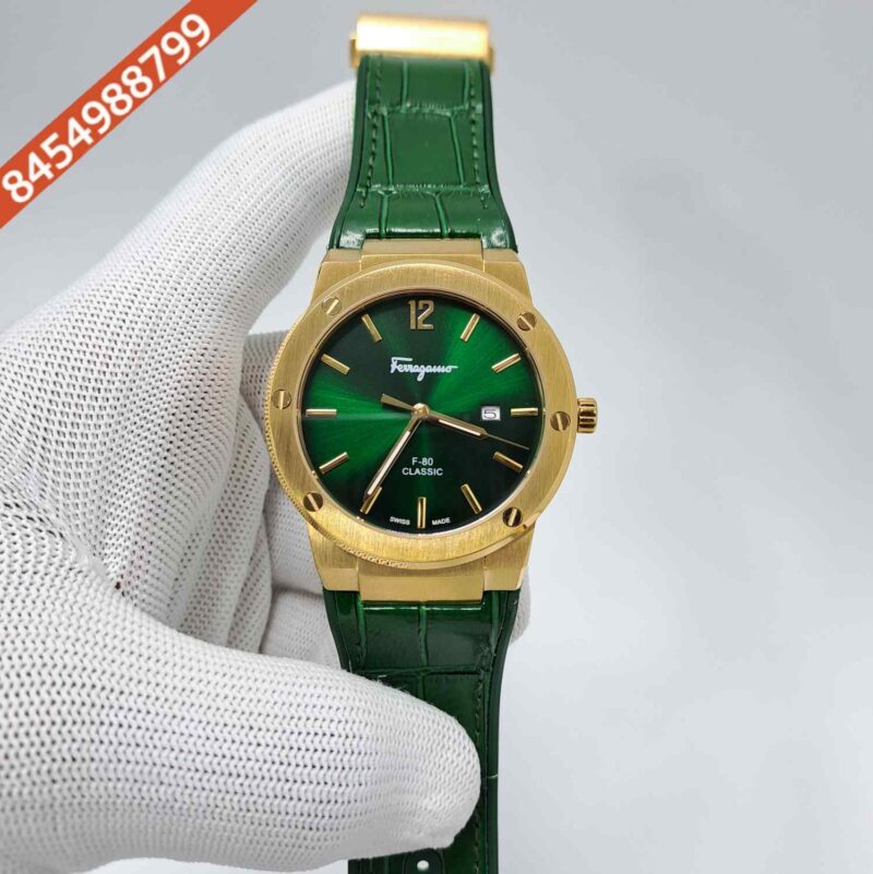 Ferragamo F-80 Classic Gold Green Dial Green Leather Swiss Watch