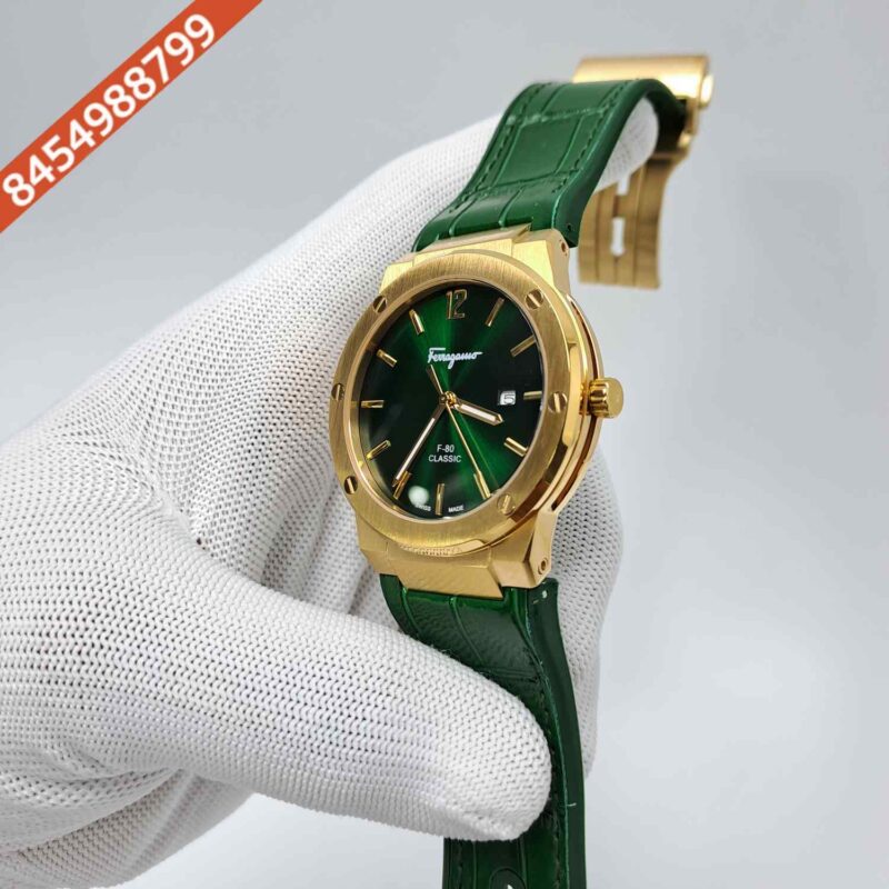 Ferragamo F-80 Classic Gold Green Dial Green Leather Swiss Watch - Image 2