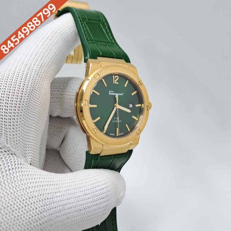 Ferragamo F-80 Classic Gold Green Dial Green Leather Swiss Watch - Image 3