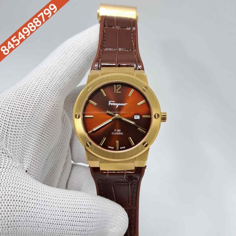 Ferragamo F-80 Classic Rose Gold Brown Dial Brown Leather Swiss Watch
