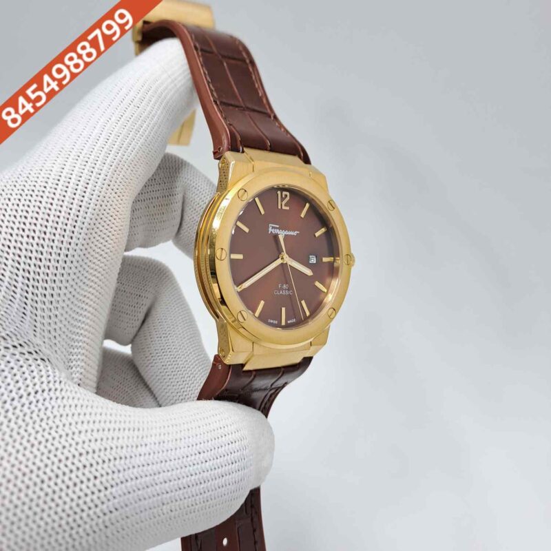 Ferragamo F-80 Classic Rose Gold Brown Dial Brown Leather Swiss Watch - Image 3