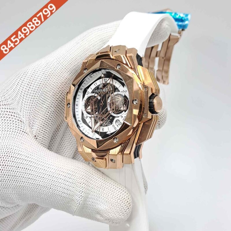 Hublot Big Bang UNICO Sang Bleu II 45mm Rose Gold White Dial White Rubber Strap Swiss Watch - Image 2