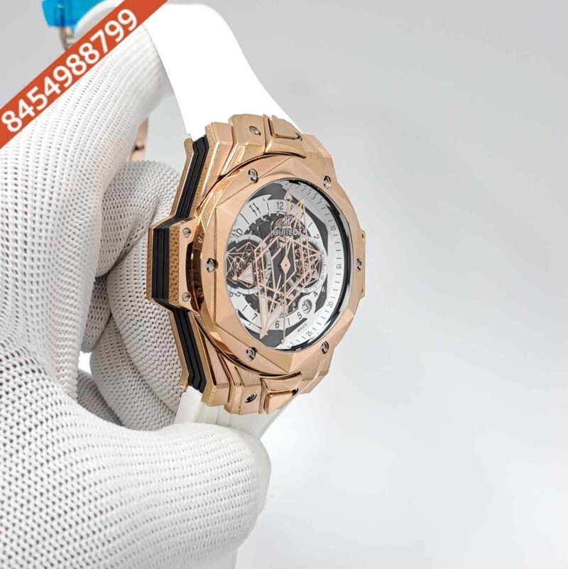 Hublot Big Bang UNICO Sang Bleu II 45mm Rose Gold White Dial White Rubber Strap Swiss Watch - Image 3