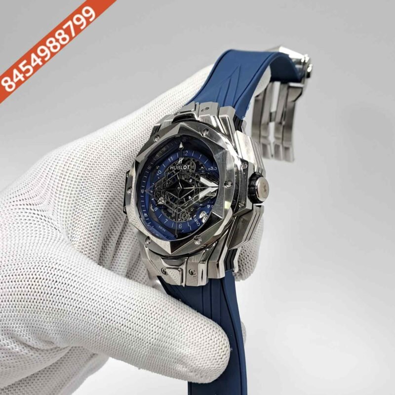 Hublot Big Bang UNICO Sang Bleu II 45mm Silver Blue Dial Blue Rubber Strap Swiss Watch - Image 2