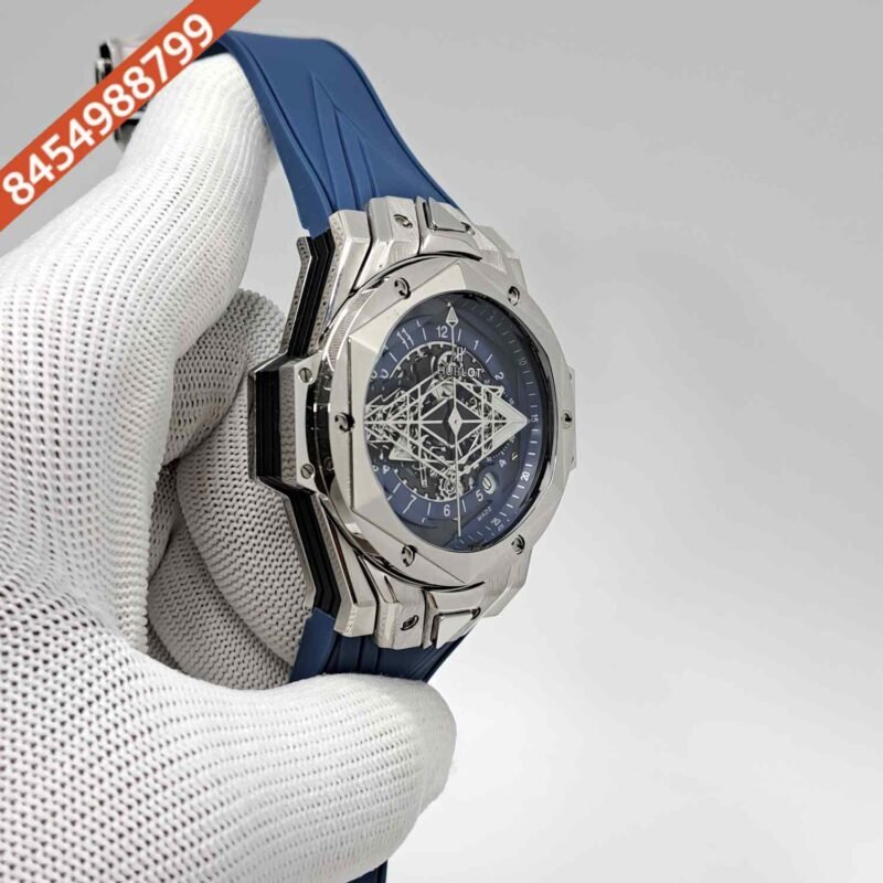 Hublot Big Bang UNICO Sang Bleu II 45mm Silver Blue Dial Blue Rubber Strap Swiss Watch - Image 3