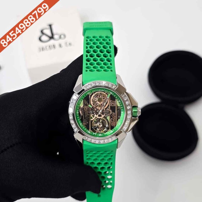Jacob & Co Epic X CR7 Full Green Diamond Bazel Ronaldo Edition Black Rubber Strap Swiss Automatic Watch