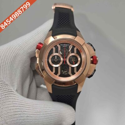 Jacob & Co Epic X Chronograph Rose Gold Black Dial Black Rubber Strap Swiss Quartz Watch