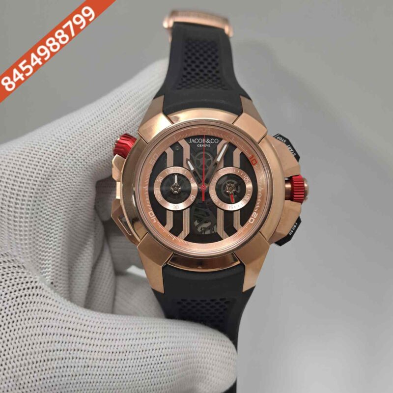 Jacob & Co Epic X Chronograph Rose Gold Black Dial Black Rubber Strap Swiss Quartz Watch