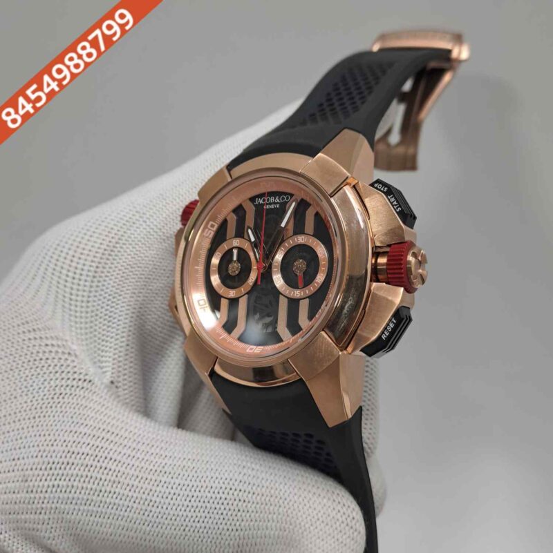 Jacob & Co Epic X Chronograph Rose Gold Black Dial Black Rubber Strap Swiss Quartz Watch - Image 2