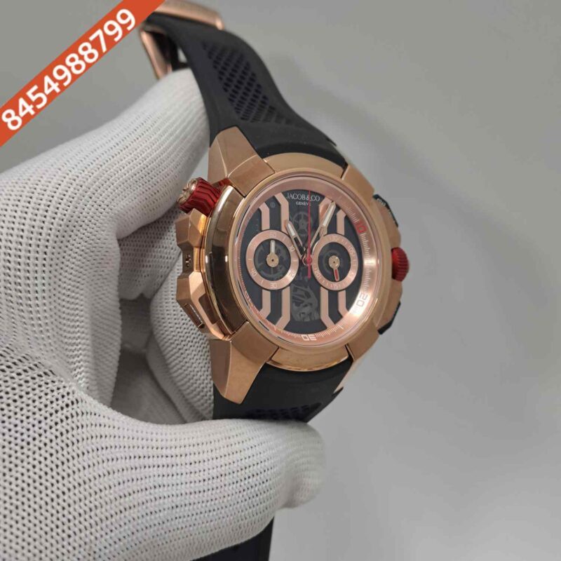 Jacob & Co Epic X Chronograph Rose Gold Black Dial Black Rubber Strap Swiss Quartz Watch - Image 3