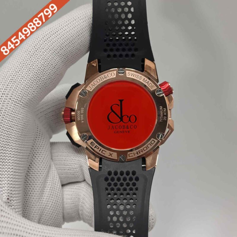 Jacob & Co Epic X Chronograph Rose Gold Black Dial Black Rubber Strap Swiss Quartz Watch - Image 4