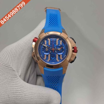 Jacob & Co Epic X Chronograph Rose Gold Blue Dial Blue Rubber Strap Swiss Quartz Watch