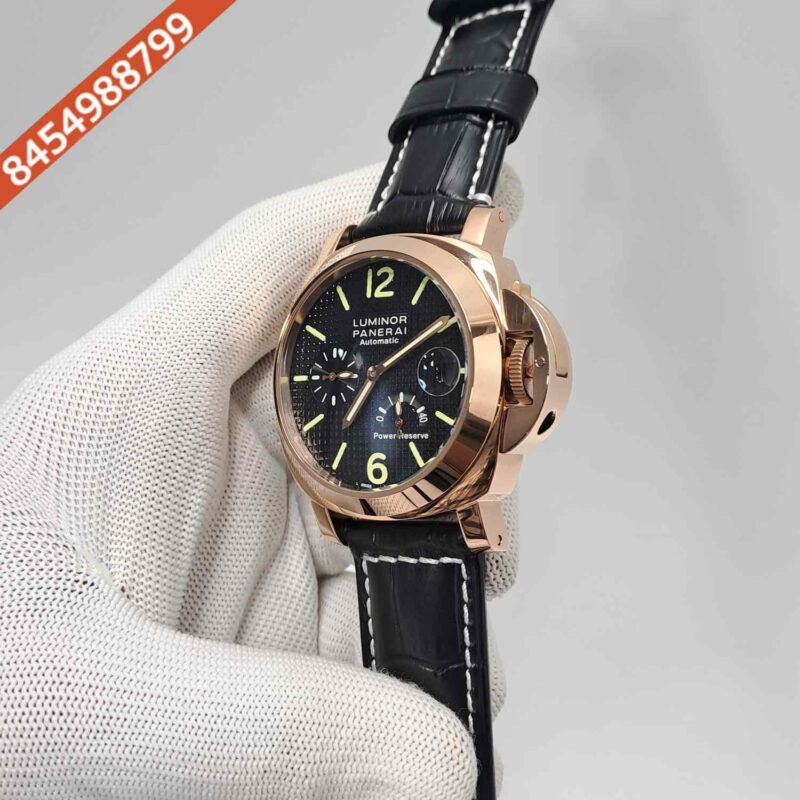 Luminor Panerai Power Resurve Rose Gold Case Black Dial Leather Strap Swiss Automatic Watch - Image 2