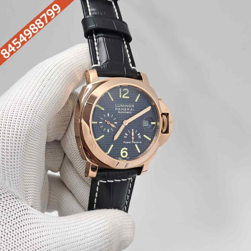 Luminor Panerai Power Resurve Rose Gold Case Black Dial Leather Strap Swiss Automatic Watch - Image 3