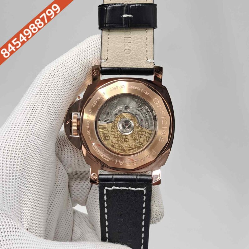 Luminor Panerai Power Resurve Rose Gold Case Black Dial Leather Strap Swiss Automatic Watch - Image 4